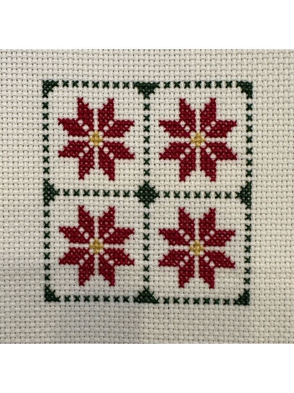 Poinsettias in a windowframe design Completed Vtg Crosstitch needlework panel